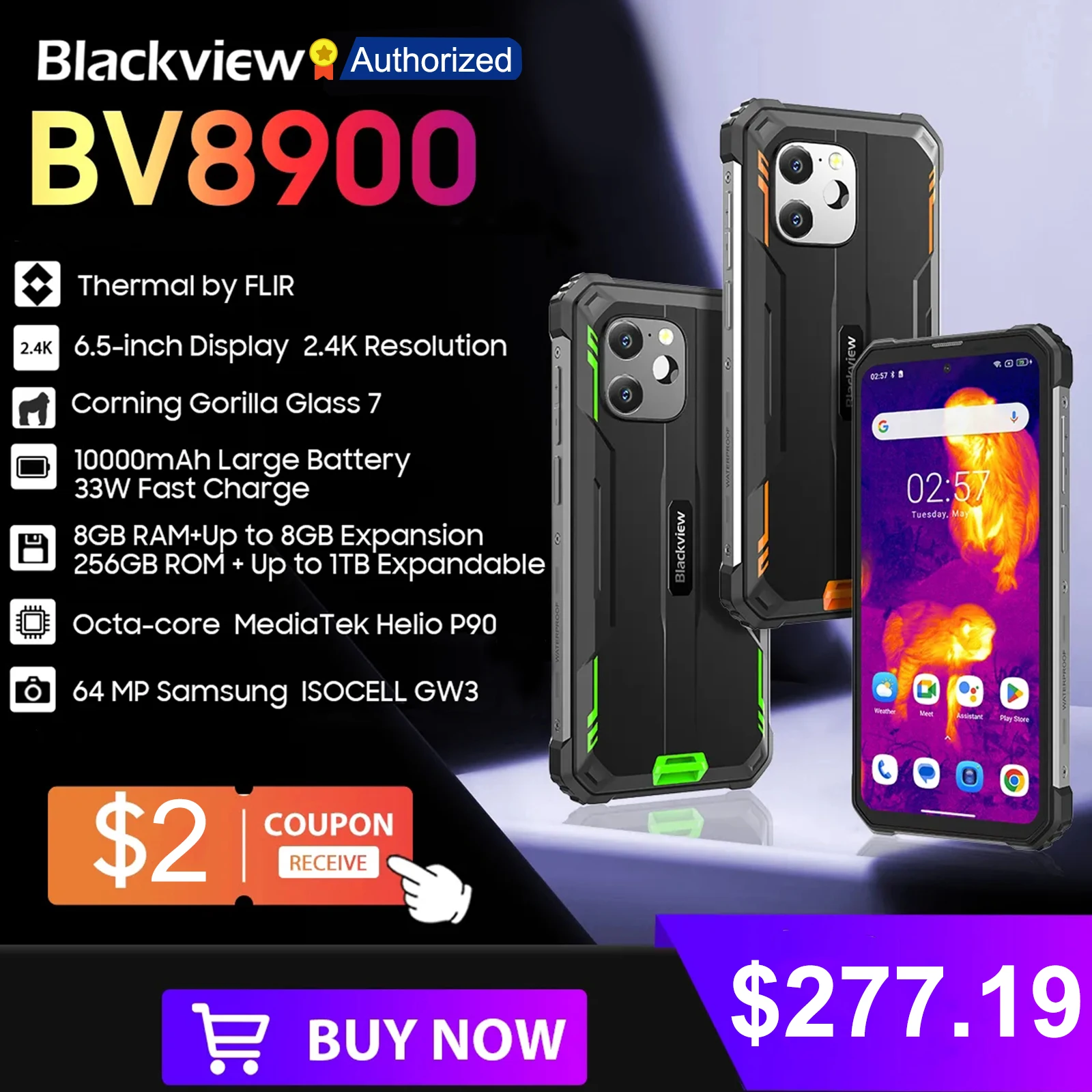 Blackview-teléfono inteligente BV8900, móvil con pantalla de 6,5 pulgadas, 16GB, 256GB, Android 13, Helio P90, batería de 10000mAh, 64MP