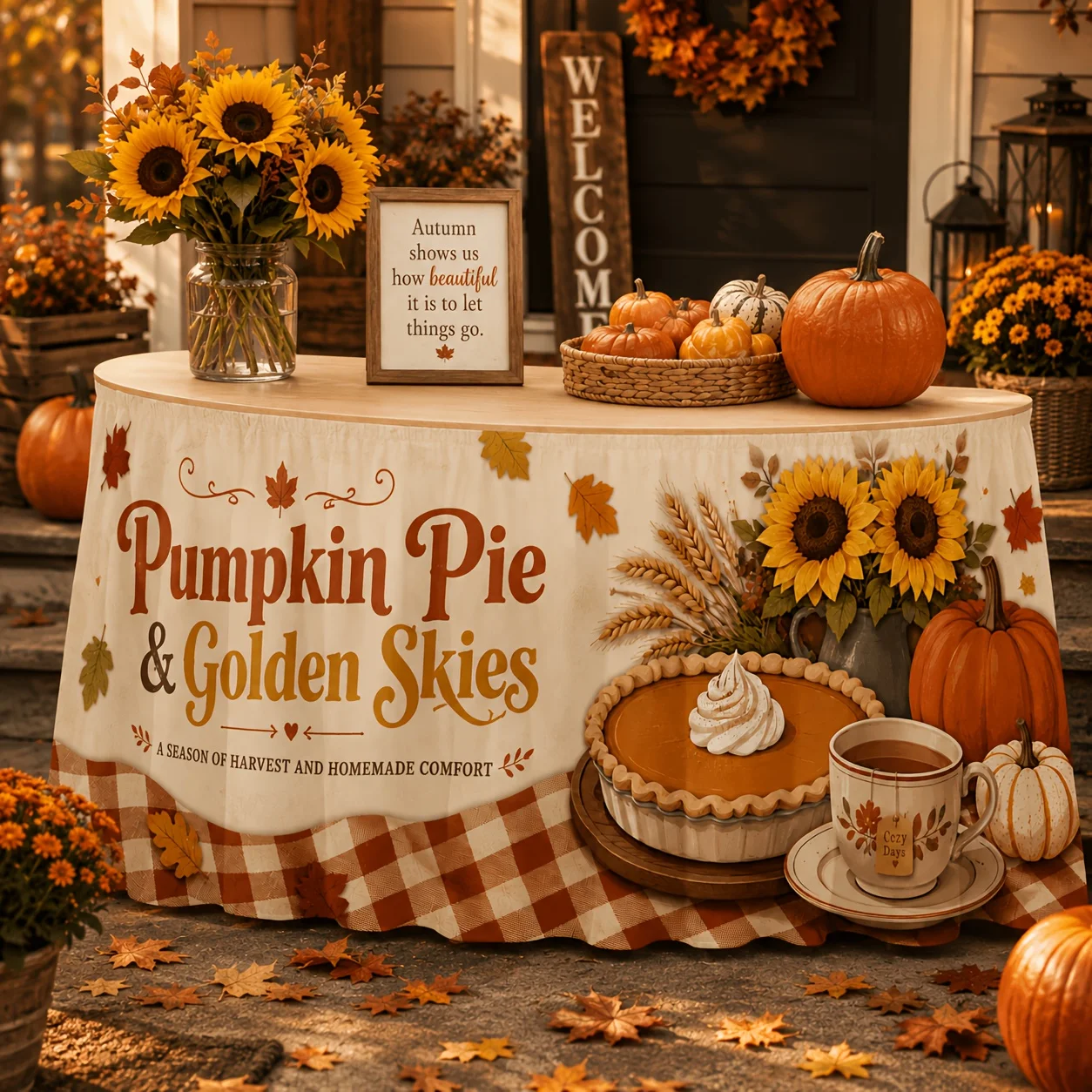 One party table dress with vintage checkered pattern, pumpkin and sunflower round tablecloth, autumn harvestxzj