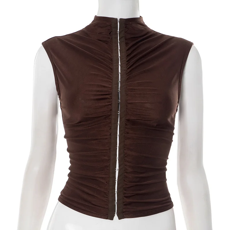 Gothic Grunge Women Slim Mesh Knit Tank Top Dark Brown High Neck Full Ruched Fabric Front Metal Hook Closure Y2K Daily Dating Ni