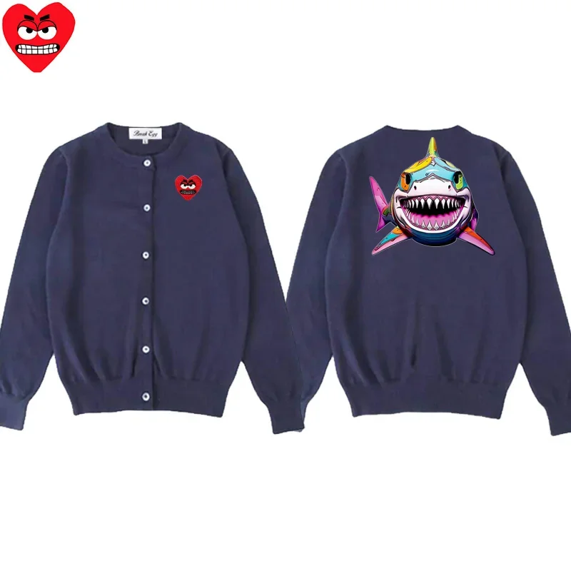 Shark Printing Women Cardigan Cotton Cute Snag Heart Embroidery O-Neck Single Breasted Long Sleeves Autumn Fit Sweater