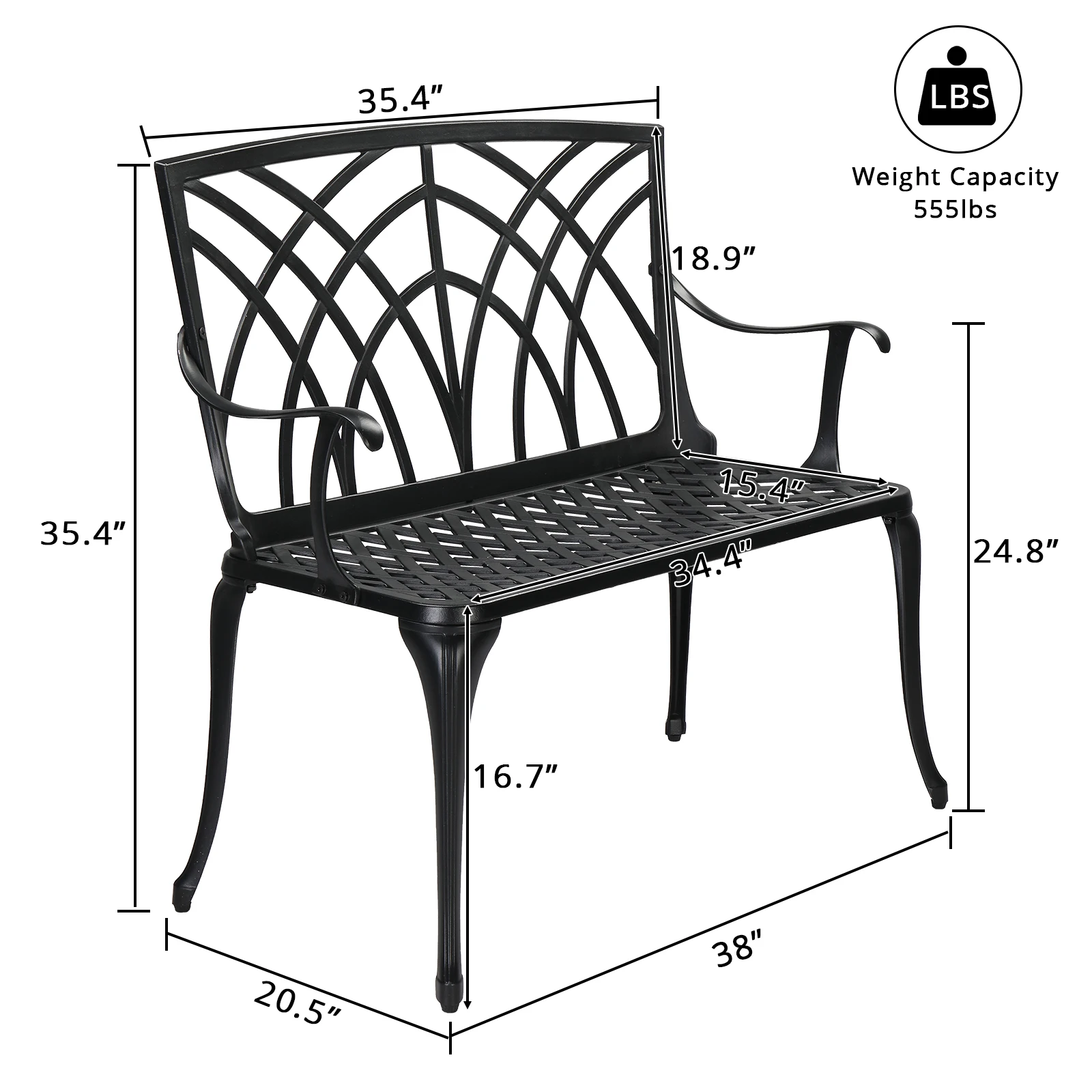 38in Outdoor Orchid Back  Aluminum Bench Black