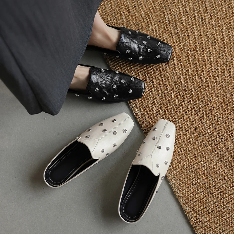 2026 new summer women sandals natural leather 22-25cm sheepskin+pigskin square toe mules rivet flower women shoes slippers
