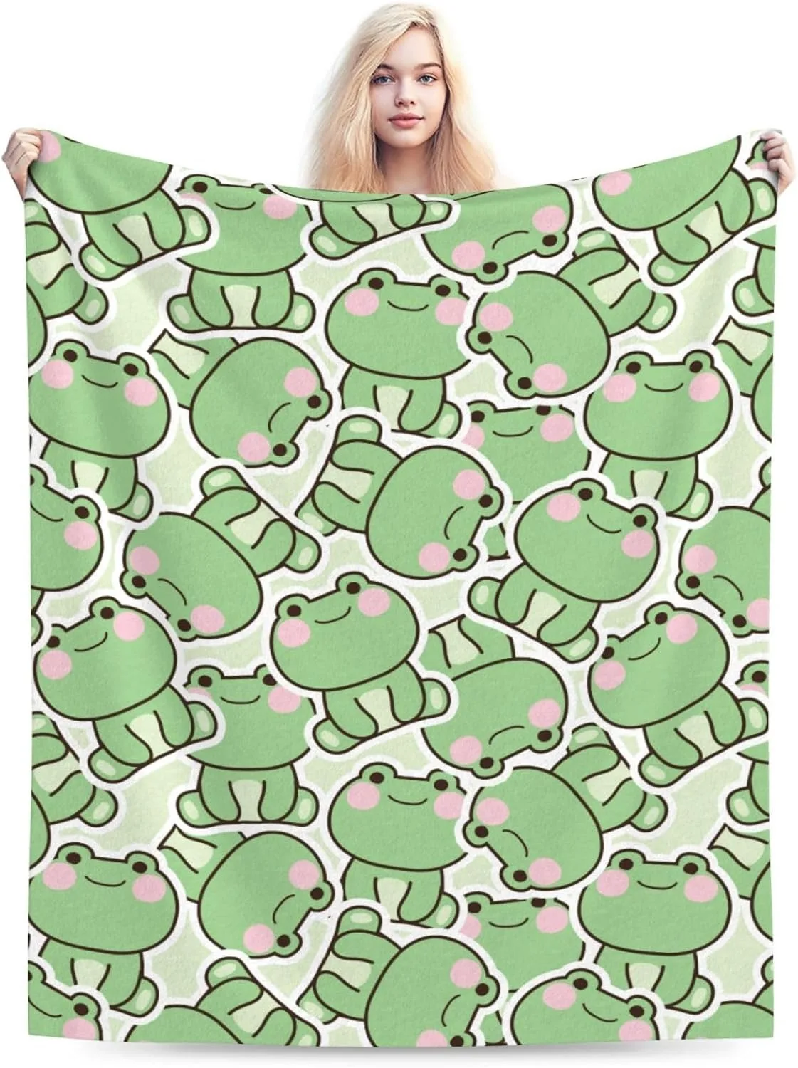 Cute Cartoon Frog Pattern Blanket for Kids Green Pink Froggy Warm Soft Cozy Throw Blanket for Couch Bed Sofa Camping Travel