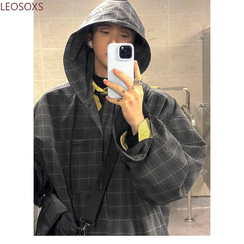 Retro Plaid Long Sleeve Men's Shirt Loose Casual Korean Style Jacket Trendy Handsome Outerwear Male Fashion Classic Checkered