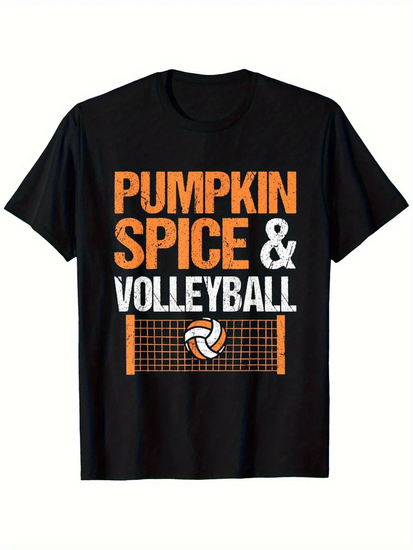 Pumpkin Spice and Volleyball T-Shirt Black Short Sleeve Striking Orange Print with Volleyball Net Design