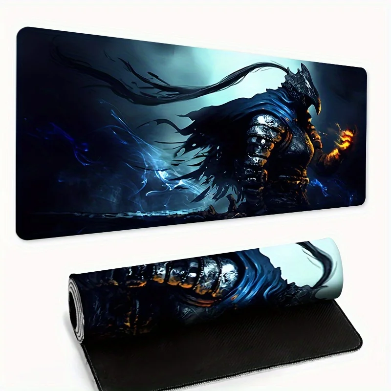 Dark Armored Knight TCG Playmat Blue Flame Magic Shadow Cloak Warrior Art Premium Non Slip Rubber Large Gaming Desk Mat Dark