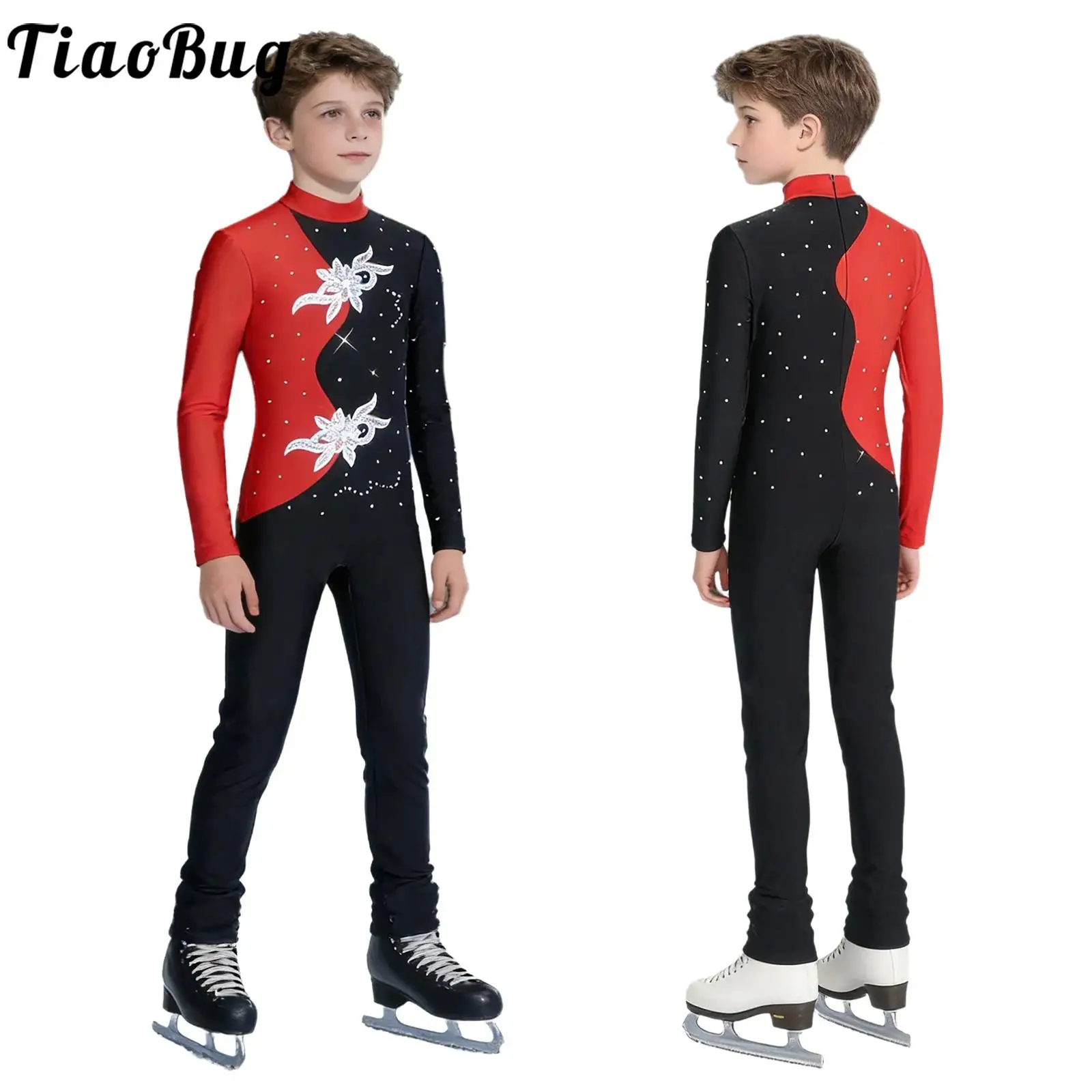 

Kids Boys Dance Figure Skating Performance Jumpsuit Long Sleeve Zipper Sequin Applique Romper for Ballet Dance Gymnastic Leotard
