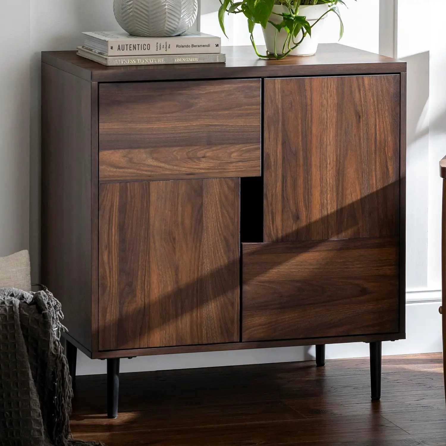 Accent Buffet Entryway Bar Cabinet Storage Entry Table Living Room Dining Room, 30 Inch, Dark Walnut and Navy Interior