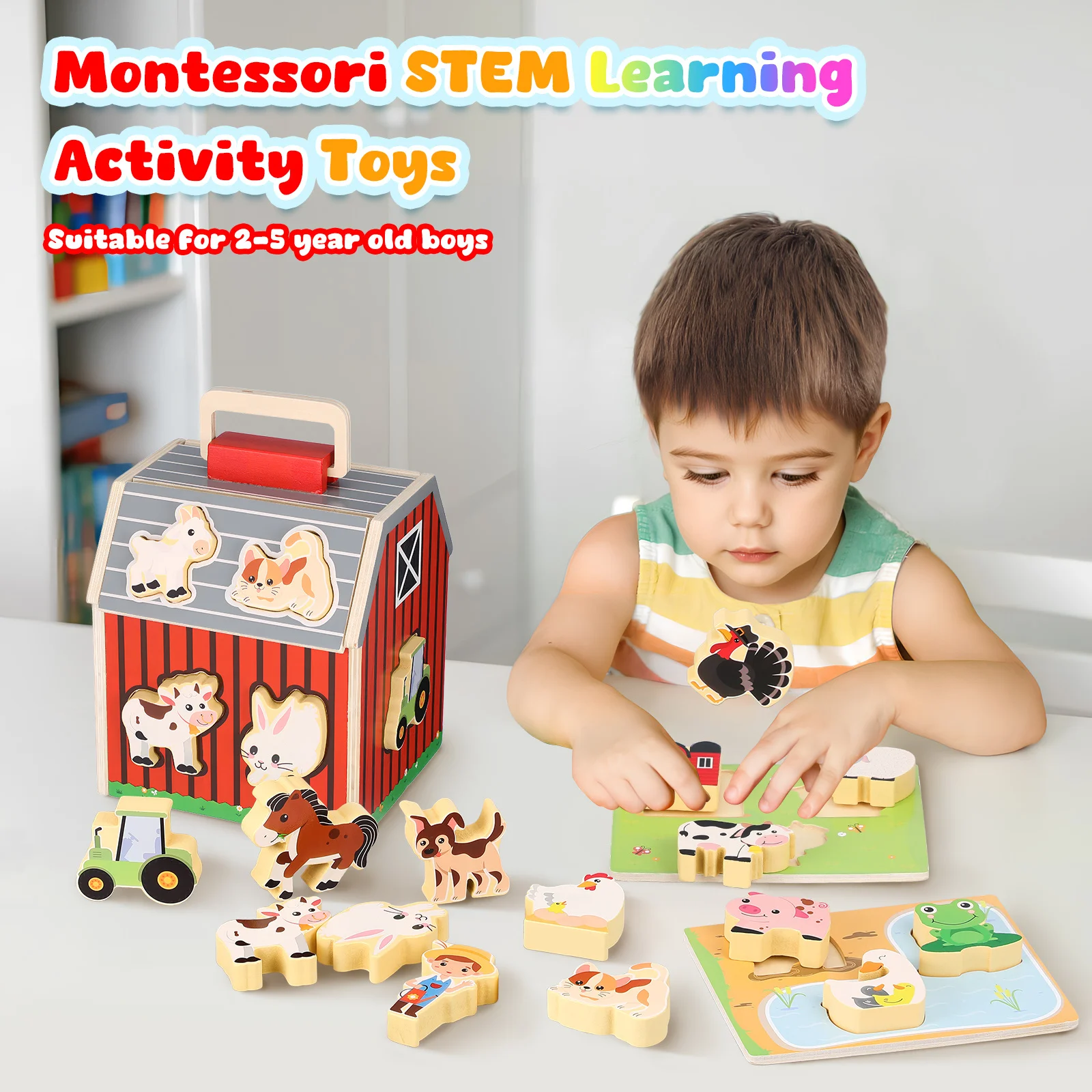 1 ensemble 1 ensemble enfants animaux de ferme jeu ensemble grange en bois avec figurines d'animaux pour les âges de 2 à 5 ans tout-petits garçons filles éducatif Montessori