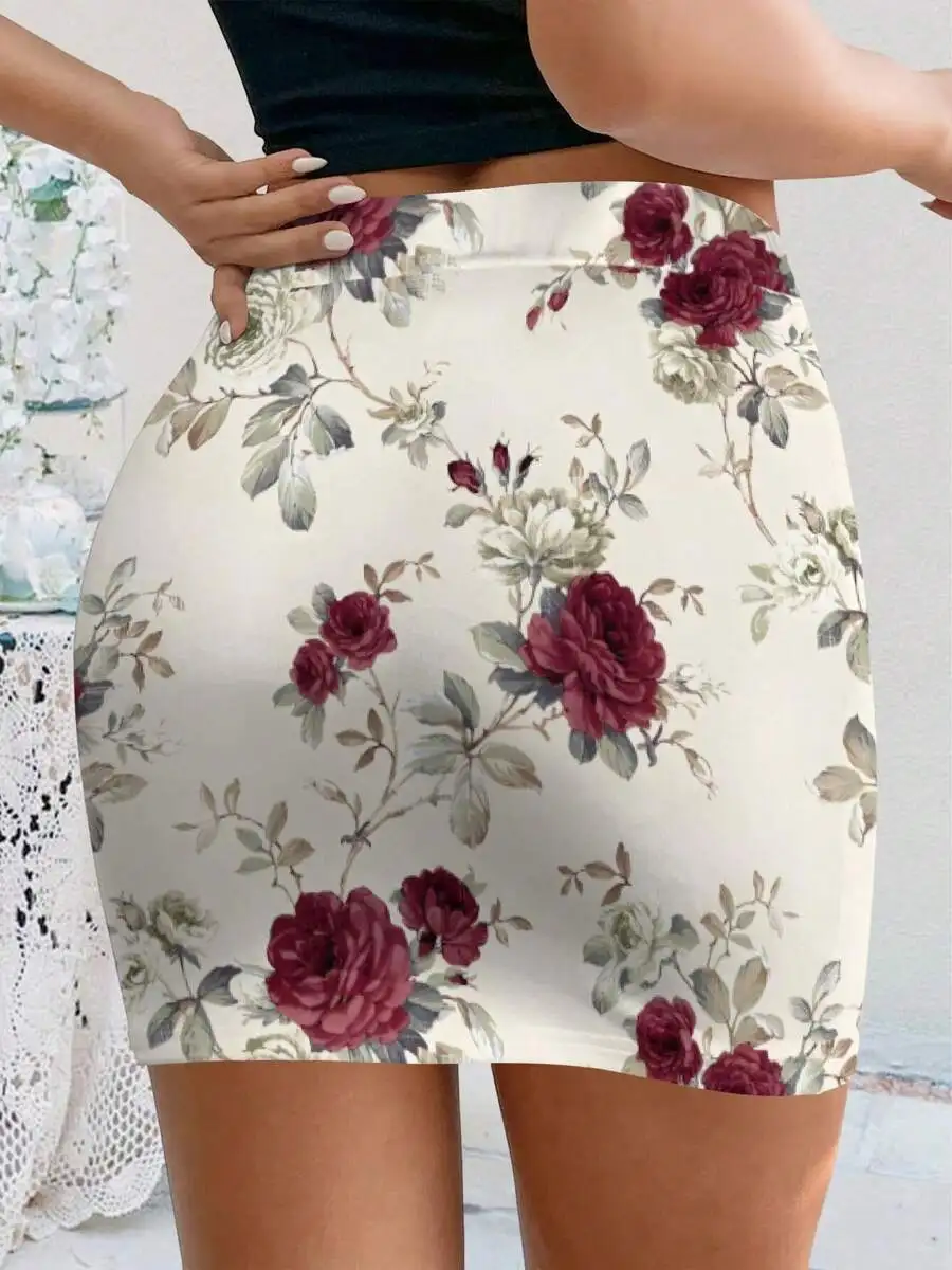 Women Burgundy Rose Floral Print Bodycon Pencil Skirt Vintage Slim Fit Casual