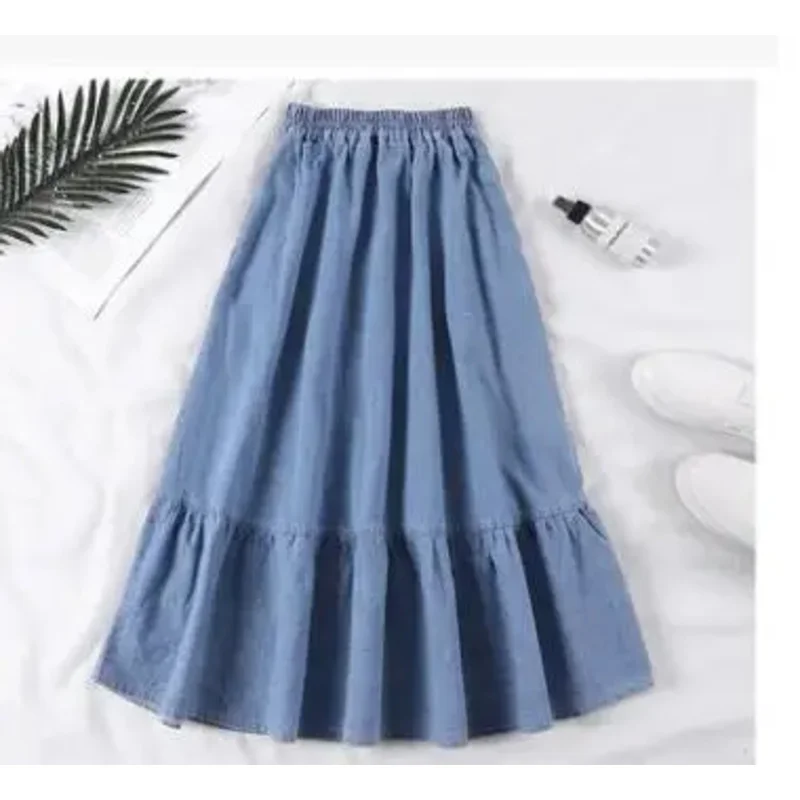 1 pcs/lot female A-line long denim skirt women casual elastic waist jeans skirts dark blue, light blue plus size ms34344