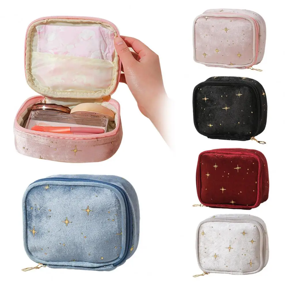 Stylish Cosmetic Pouch Velvet Small Cosmetic Case for Women Travel Makeup Bag with Star Pattern Zippered Pouch for Lipstick