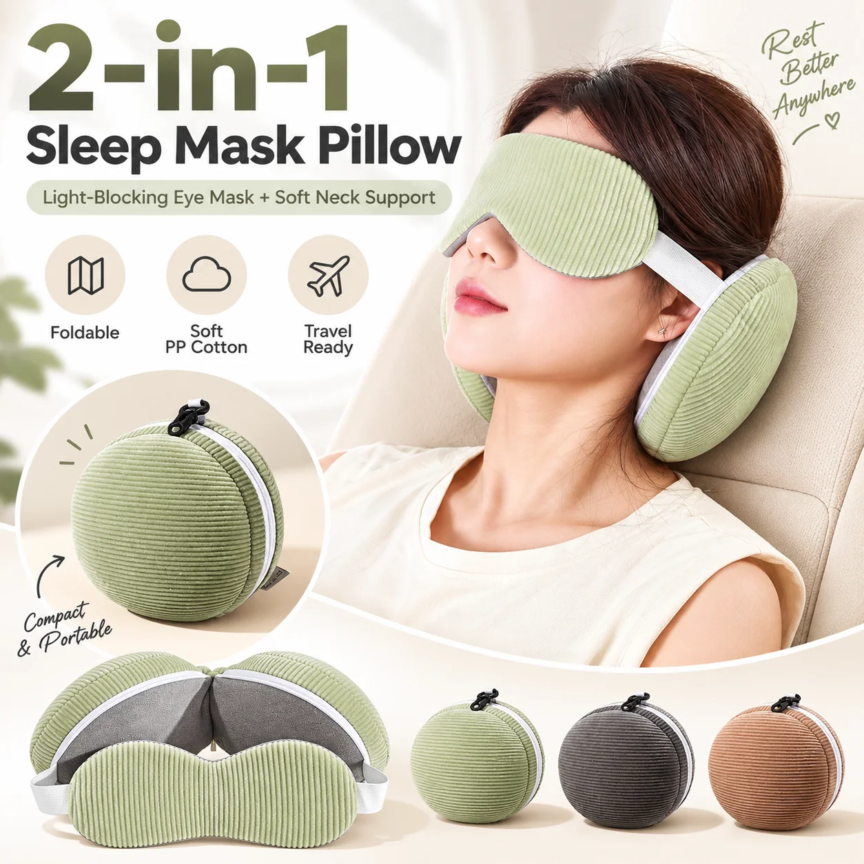 2 in 1 Sleep Mask Neck Pillow Foldable Travel Pillow Light Blocking Eye Mask Soft PP Cotton Support for Airplane Office Nap