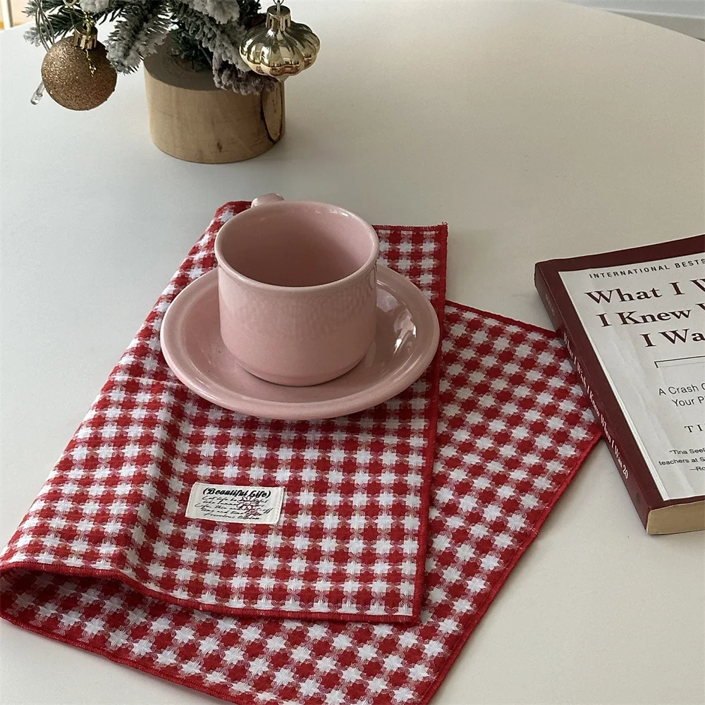 Red Christmas-themed Plaid Jacquard Double-sided Napkin and Placemat, Korean-style Instagram-worthy Kitchen Tablecloth
