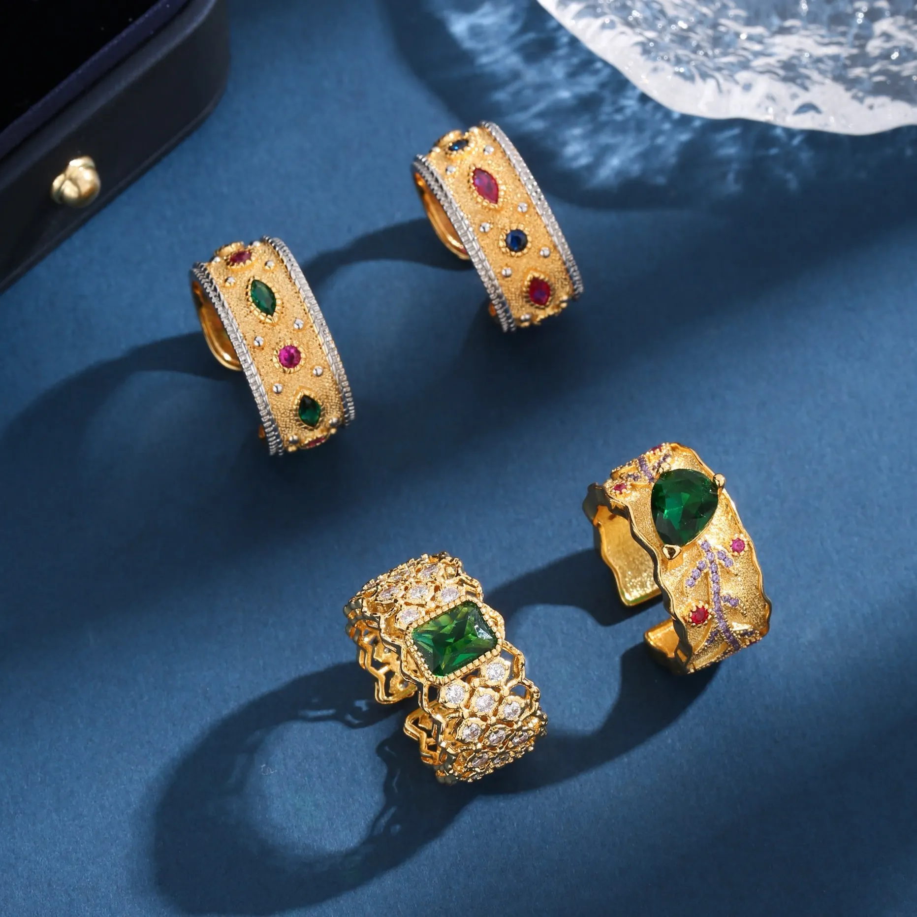 

Luxury Vintage 925 Silver Emerald/Sapphire/Ruby Lace Finger Band Honeycomb Rigato Craft Bucci Ring Retro Fine Jewelry Wholesale