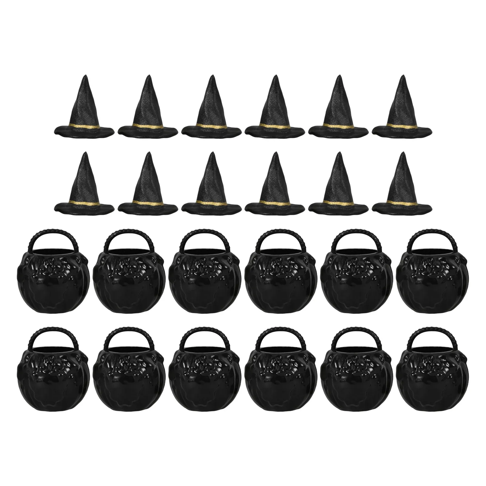 

1 Set Mini Witch Cauldron and Mini Witch Hat Plastic Halloween Party Decor Ornament Dollhouse Accessories Micro Landscape