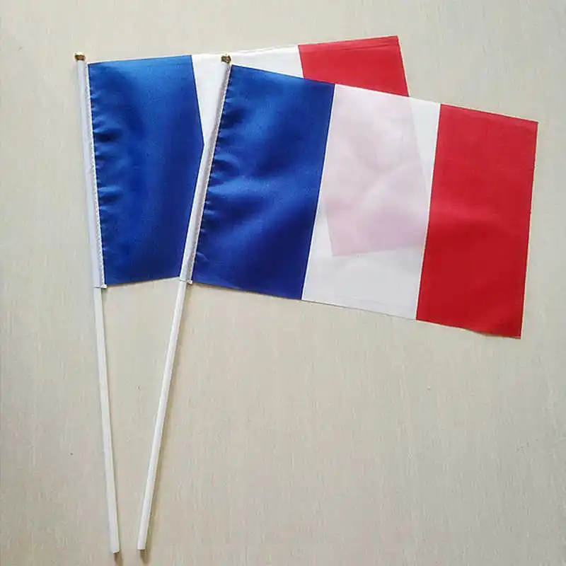 

10PCS French Flag France 14x21cm Polyester Printed Hand Held Mini Stick Gallic Flags With Flagpoles Decoration Celebration Sport