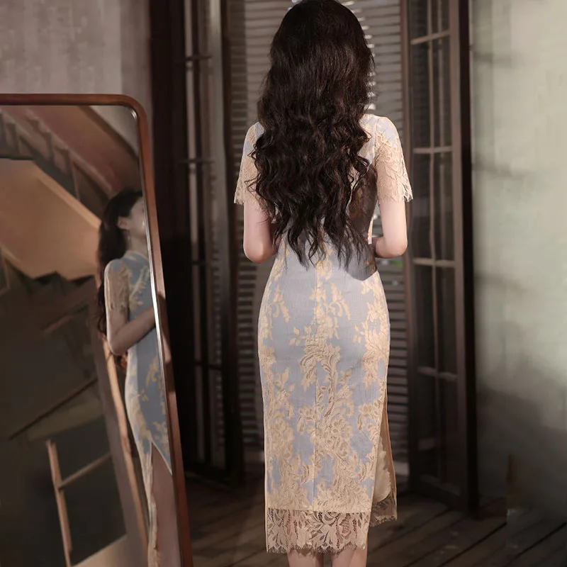 Blue Hollow Lace Cheongsam Dress for Women Slim Medium-Length Chic Printed Modified Cheongsam Spring Summer 2026 New Style