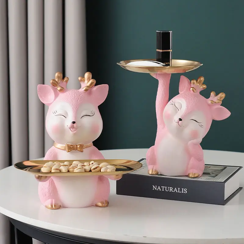 

Modern Metal Tray Piggy Bank Pink Blue Deer Resin Accessories Home Livingroom Porch Sculpture Crafts Cafe Store Decoration Art