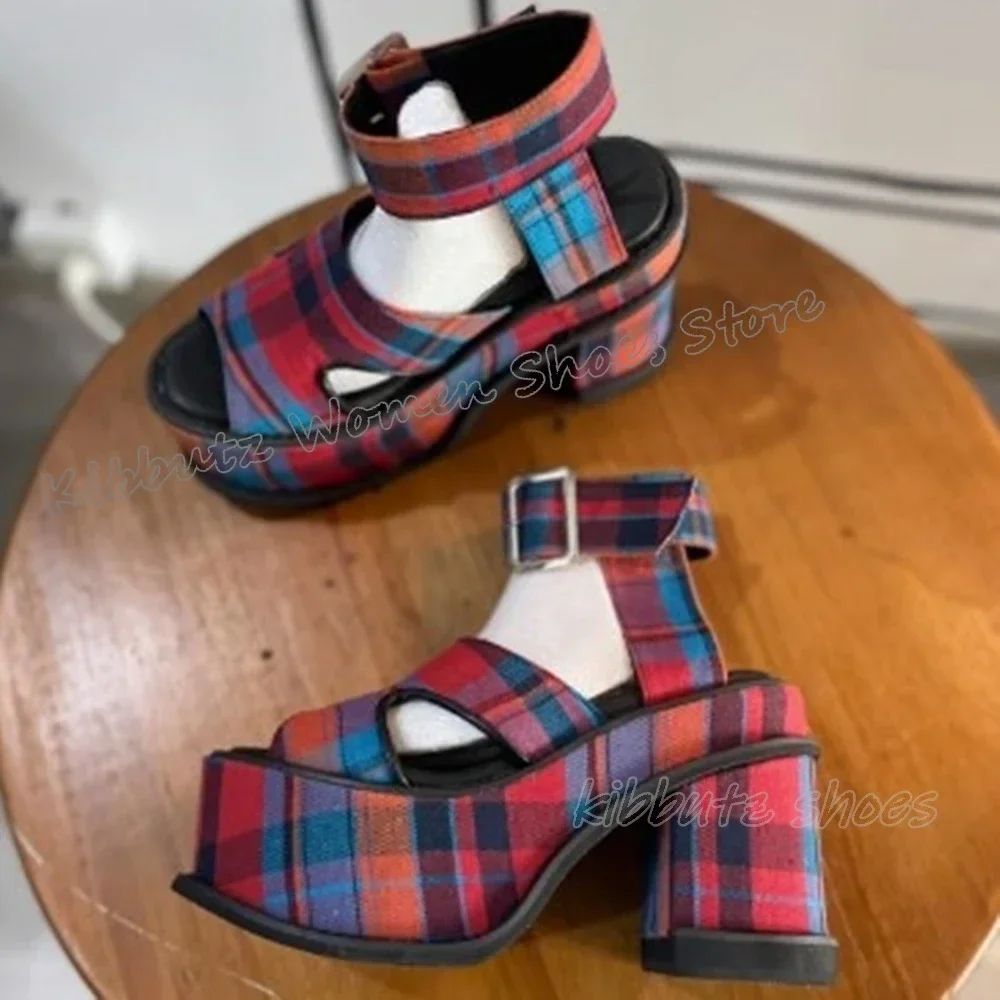 

Belt Buckle Sandals Platform Patchwork Checkered Fashion Luxury Elegant Sexy Women Shoes New Mixed Color Round Toe Chunky Heels
