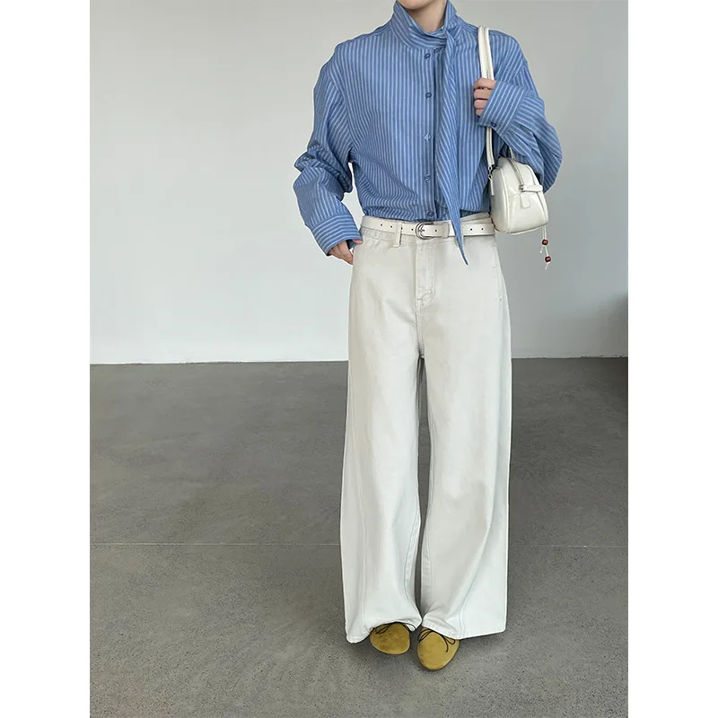 

Taochuan Korean Sle Women's irt Bow Tie Stand Collar Loose Cotton Spring Slimming Versatile Long Sve Top