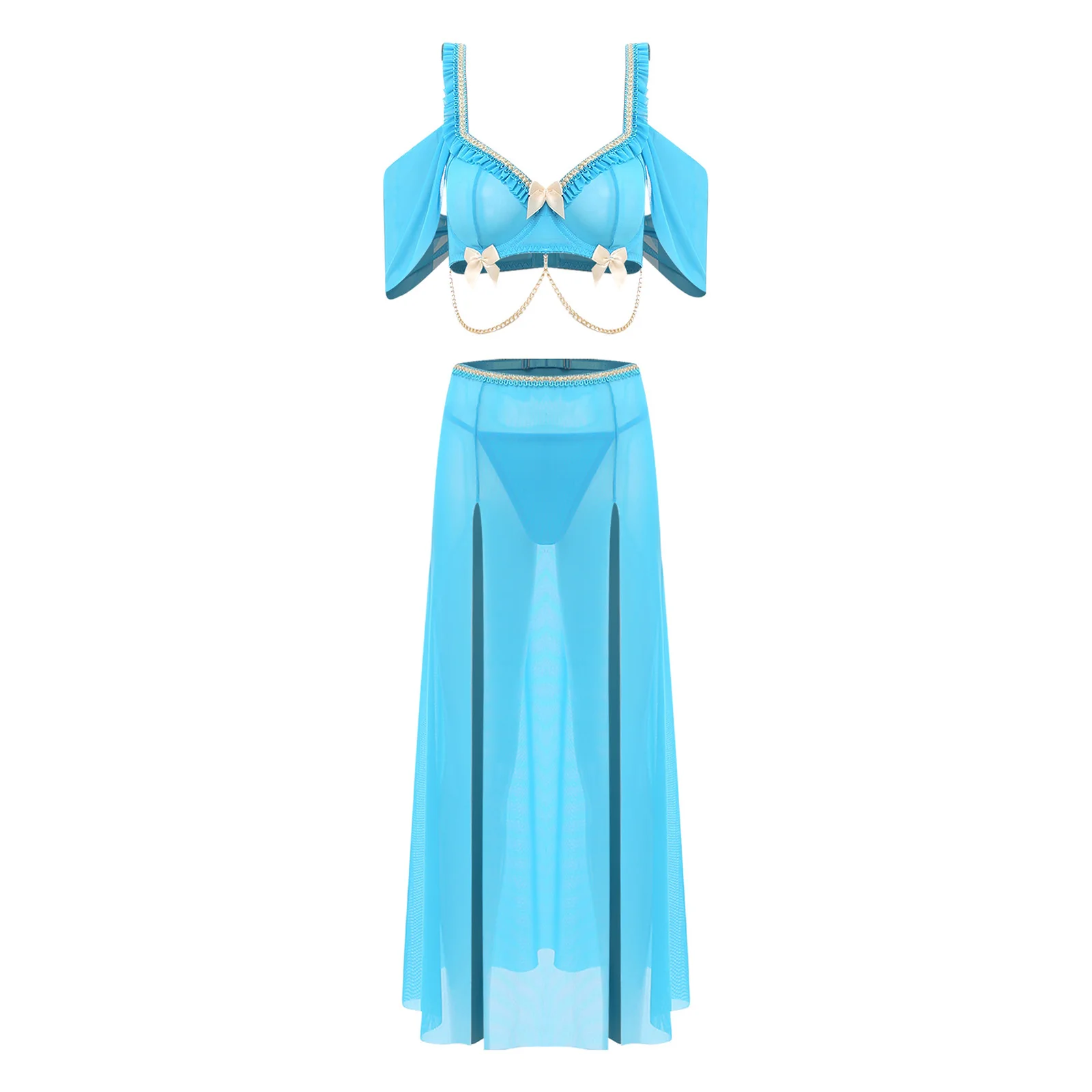 Women Arab Belly Princess Dance Performance Costume Bra Crop Top Waist Chain High Slit Skirt And T-back Thong Belly Dance Outfit