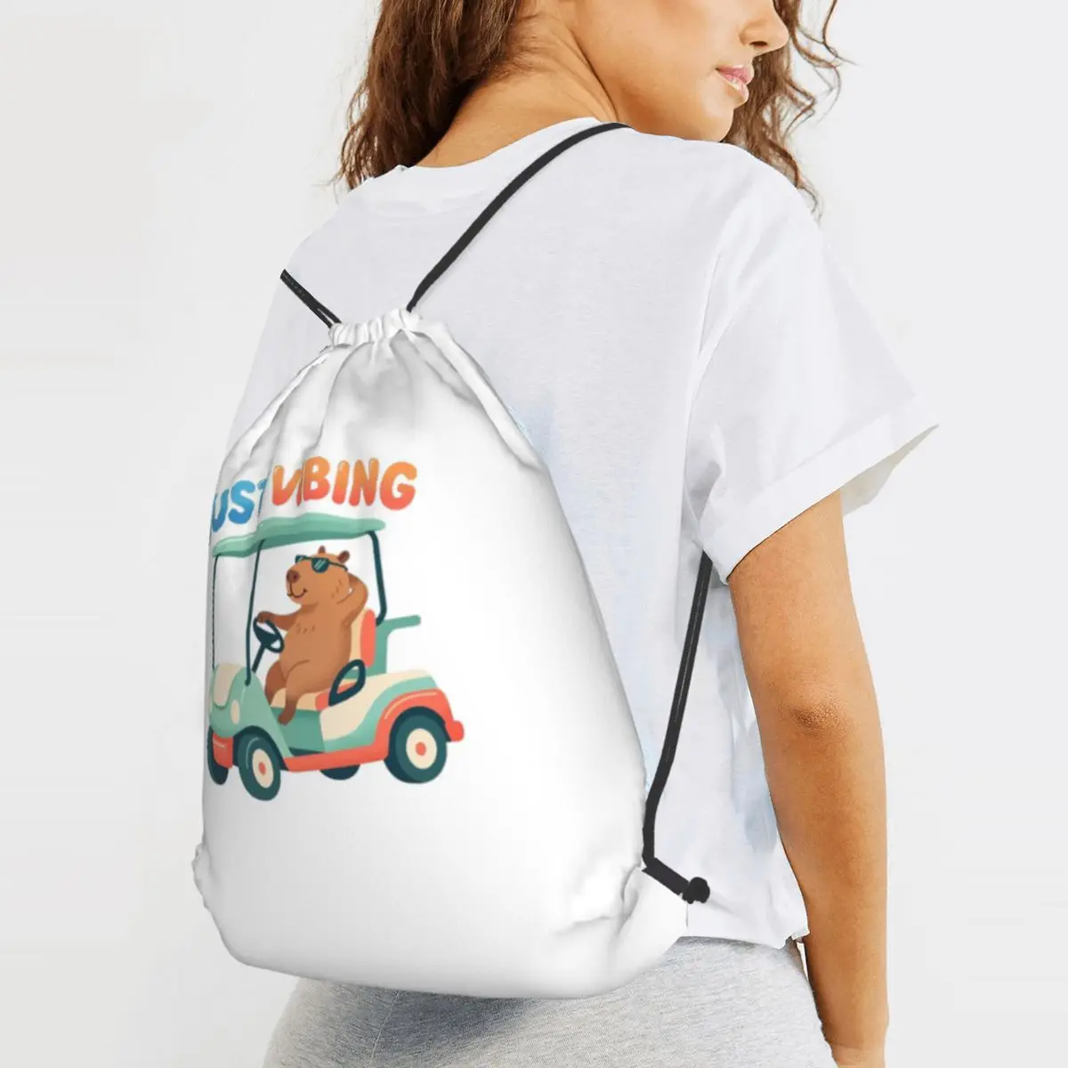 Just Vibing Capybara Golf Cart Backpacks Casual Drawstring Bundle Pocket Sports Bag Book Bags for Man Woman Students