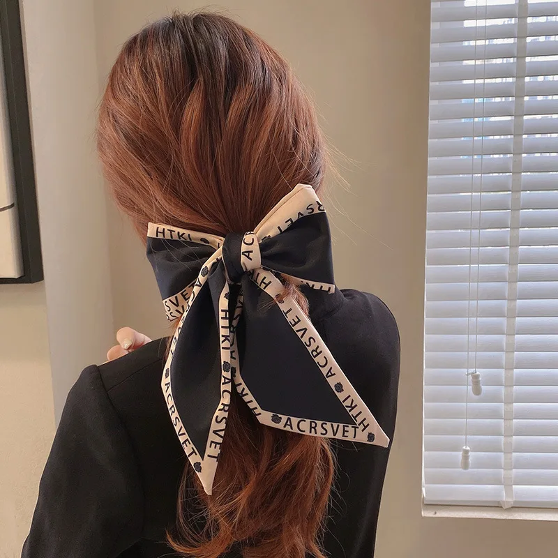 Koreanische Seide Brief Blume Lange Band Haar Schal Haar Bands für Frauen Mädchen Elegante Französisch Band Bogen Kopf Schal Kopfschmuck – Detail 14