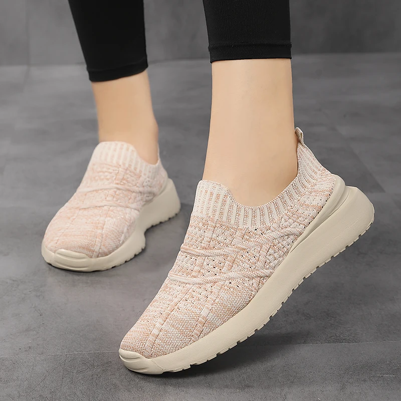 Beige 42 Sock Sneakers Women\'s Shoes Knitting Spring Summer Slip on Flat Shoes Women Plus Size Loafers Flats Shoes Walking Famal