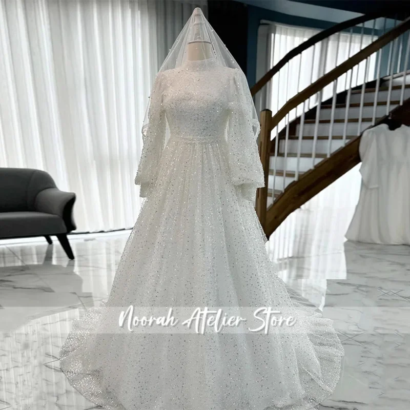 

Sparkling Modest Wedding Dress 2026 High Neck Long Sleeves Beading Sequined Sweep Train A Line Bridal Gowns Customized