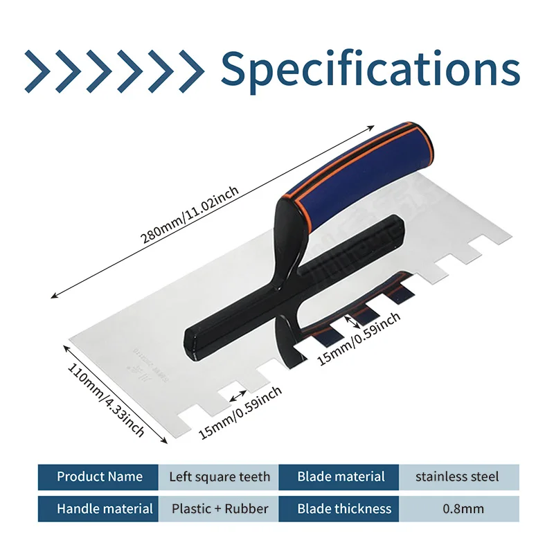 Imagem -04 - Dentes Quadrados Mão Esquerda Dente Direito Duplo Quadrado Alvenaria Espátula 28cm Ferramentas de Construção de Aço Inoxidável 15 mm