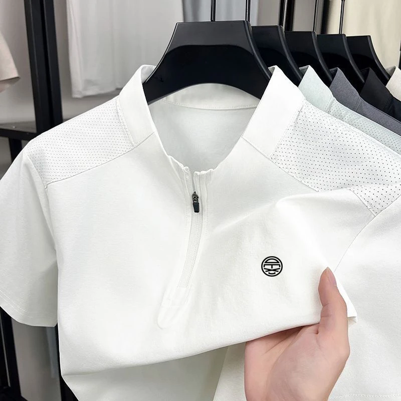 2025 summer new men's stand-up collar zipper Polo shirt South Korea short sleeve leisure business fashion slim men's golf shirt