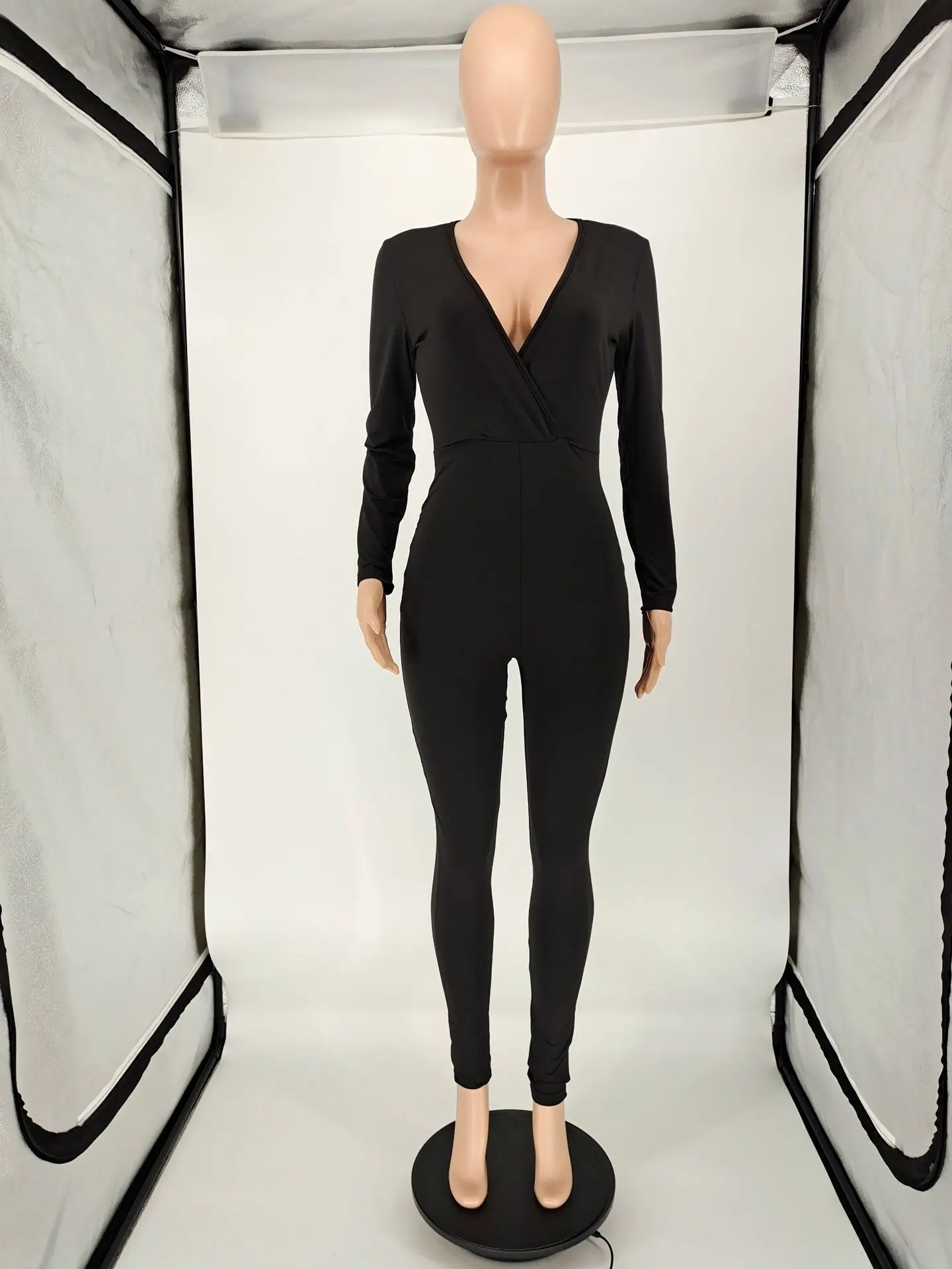 BKLD Fashion Women Clothing Long Sleeve V-Neck Tight Jumpsuits Sexy Night Club Outfits Solid Color One Pieces Jumpsuit