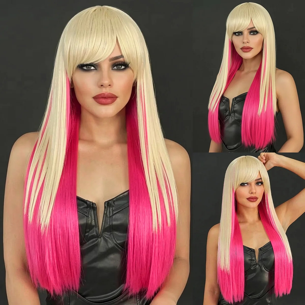 Cross Border Long Straight Hair with Slanted Bangs and Gradient Full Head Cover from Europe and America - Synthetic Fiber Wig