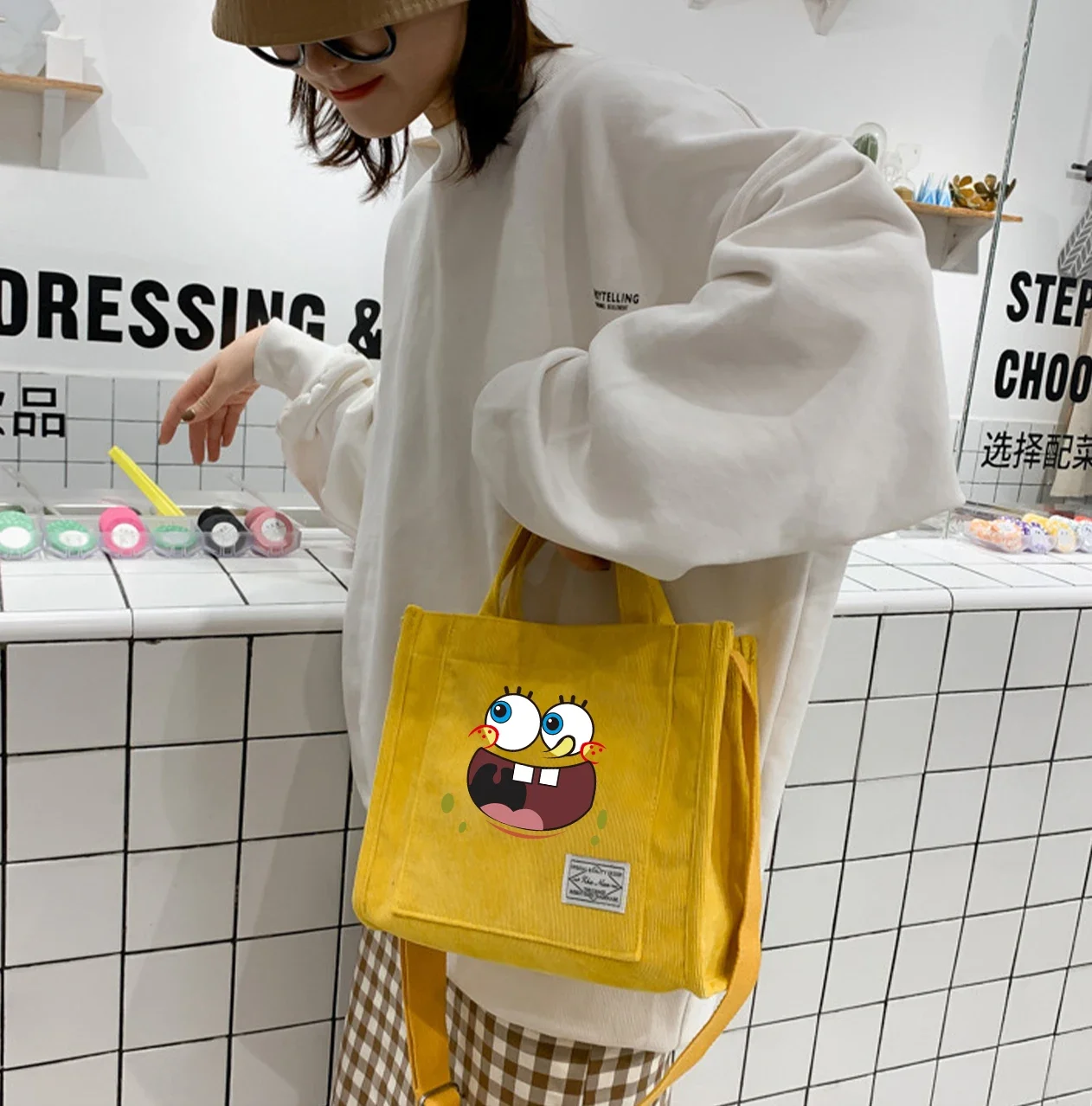 SpongeBob SquarePants Yellow Single Shoulder Diagonal Corduroy  Cross Bag Kawaii Cartoon Hand Bag Sport Office Storage Case Bags