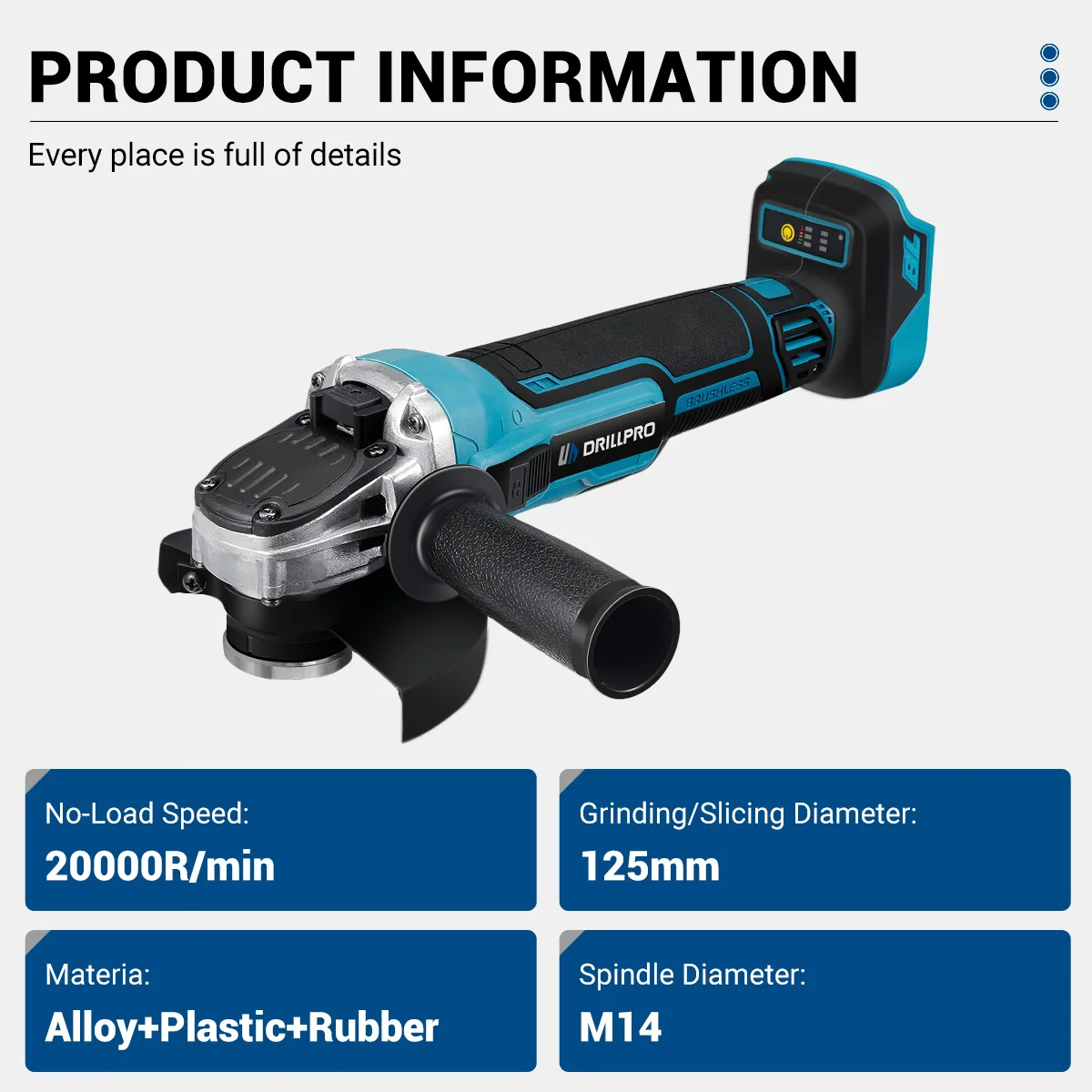 Imagem -03 - Drillpro-brushless Impact Angle Grinder Máquina de Corte sem Fio Polisher Power Tools Bateria Makita Compatível 18v 125 mm M14