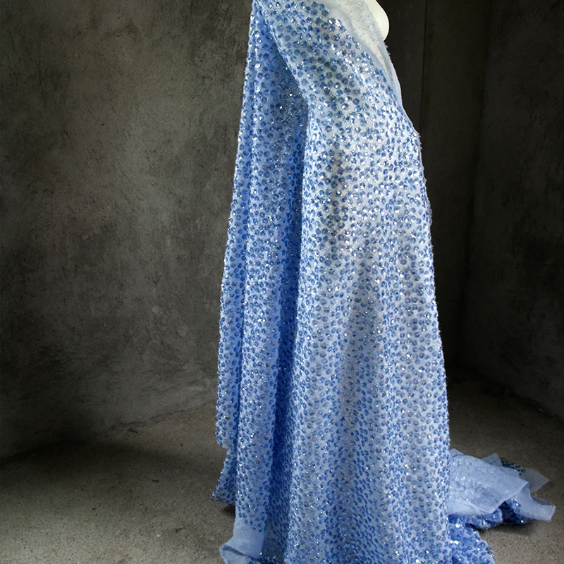 高級感のある青いプラッシュ生地、フラッシュネイルビーズ刺繍、スパンコール刺繍、縫製、ステージ衣装、子供服デザイン生地
