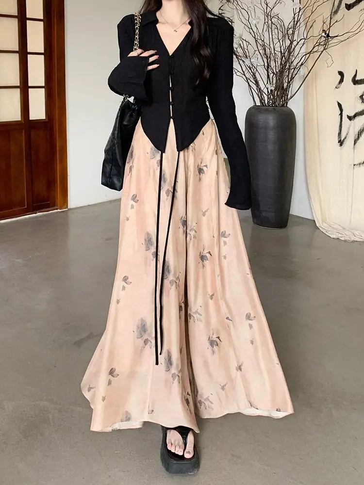 Chinese Style 2 Pcs Sets Women Vintage Leisure Flare Sleeve Gentle  Shirts Printed Literary Baggy Wide Leg Pants Designed