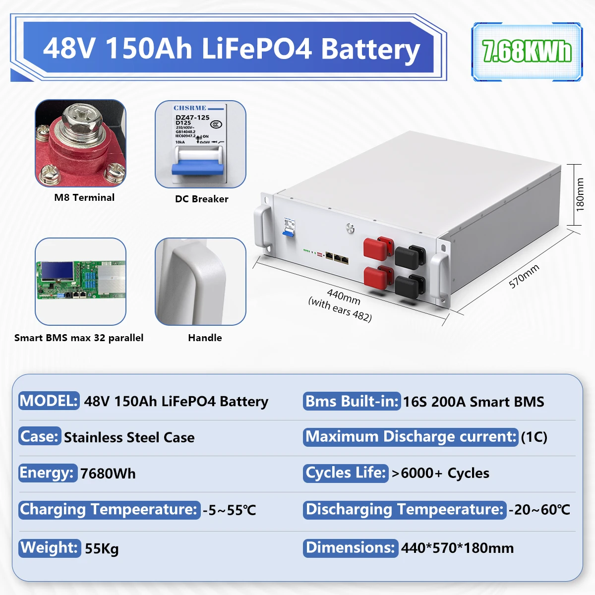 Lifepo4 48V 150ah Batterij Pack 6000 + Cyclus 7680wh 16S 200a Smart Bms Rs485/Can Pc Monitor 51.2V 100ah 120ah 200ah 230ah Eu Voorraad