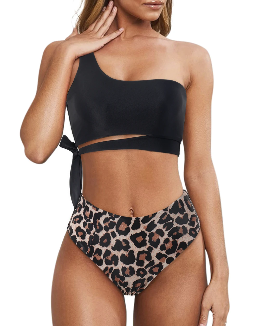 One-Shoulder-Bikini-Set für Damen – Sommer-Badeanzug mit hoher Taille, zweiteiliger Bikini für Frauen – Detail 1