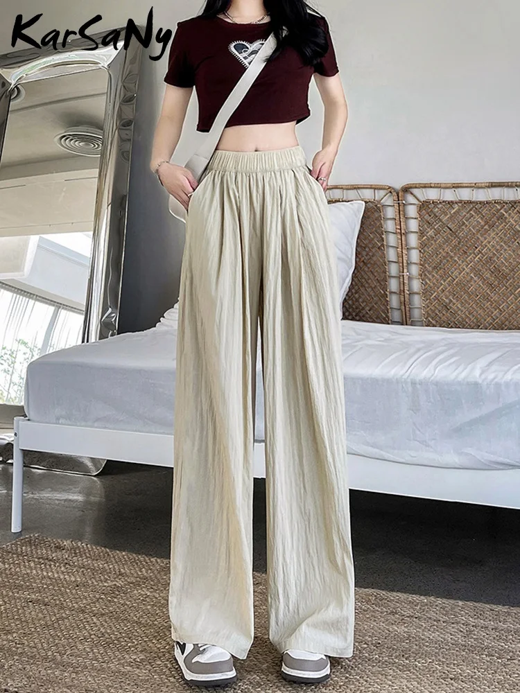 KarSaNy Summer Women Pants Wide Leg Trousers High Waist Ice Slik Pant Elastic Waist Loose Straight Baggy Pants Woman Summer