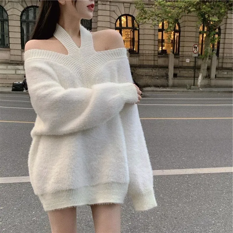 2024Autumn Korean Knitwear Women Sexy Halter Cross Cold Shoulder White Knitted Jumpers Elegant Loose Oversized Sweater Pullovers