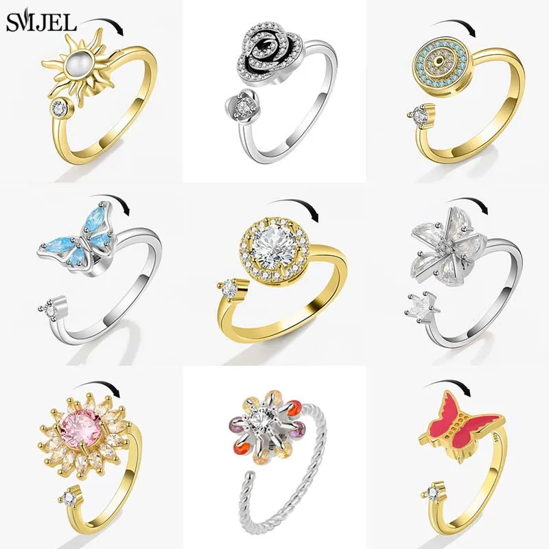 Koreanische Mode Angst Fidget Spinner Ringe für Frauen Kristall Rose Sonnenblume Schmetterling Rotierenden Stimmung Ring Mädchen Hochzeit Schmuck