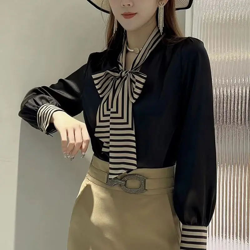 Elegant Bow Drawstring Chiffon Shirt Women\'s Clothing Solid Color Striped Patchwork Spring Autumn Fashion V-Neck Button Blouse