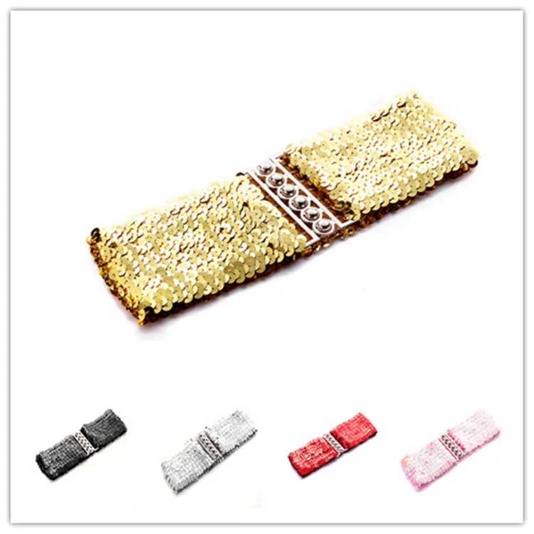 Fashion Elastic Sequin Belt 60cm Shinny Waistband Professional Gold Buckle Disc Belts Trendy Wide Waist Belt Apparel Accessories