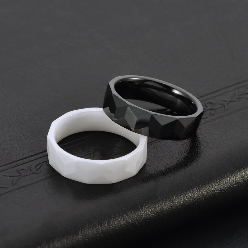 Somen 6mm Black White Ceramic Ring For Men Women Rhombus Cut Engagement Ring Wedding Bands Waterproof Fashion Jewelry Gift