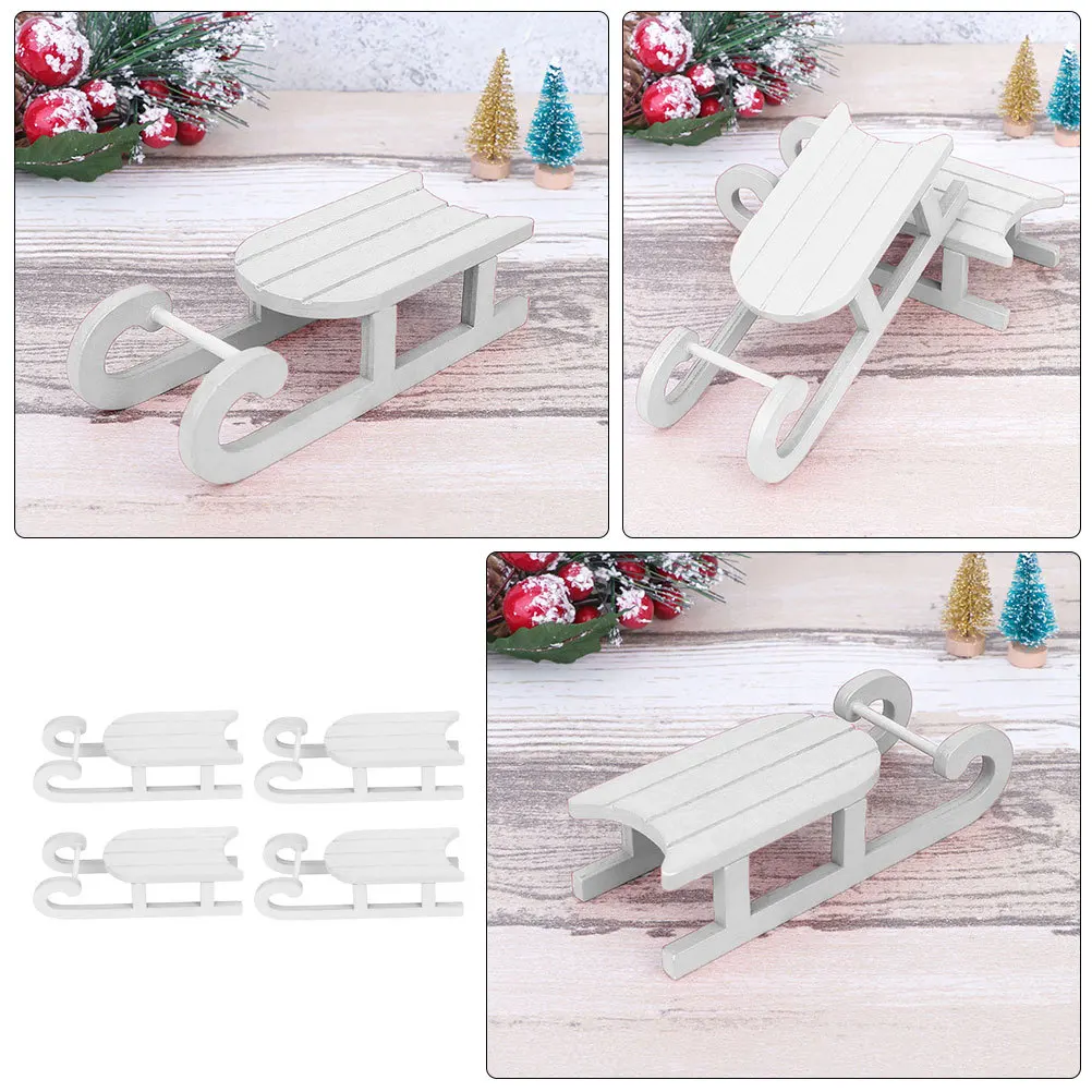 

4Pcs Christmas Sleigh Decorative Crafts Natural Wood Finish Holiday Display for Home Office Xmas Desktop Ornament Set