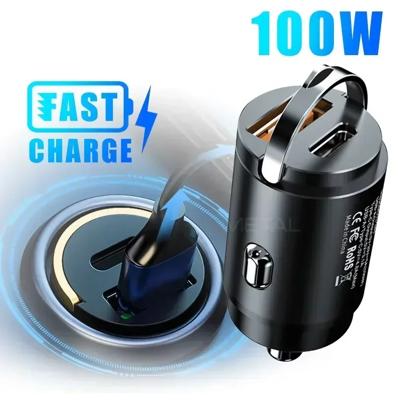 Car 100/200W Dual Port Mini USB Charger Ultra Fast Charging Cigarette Lighter Socket 12-24V Aluminum Cell Phone Charging Adapter