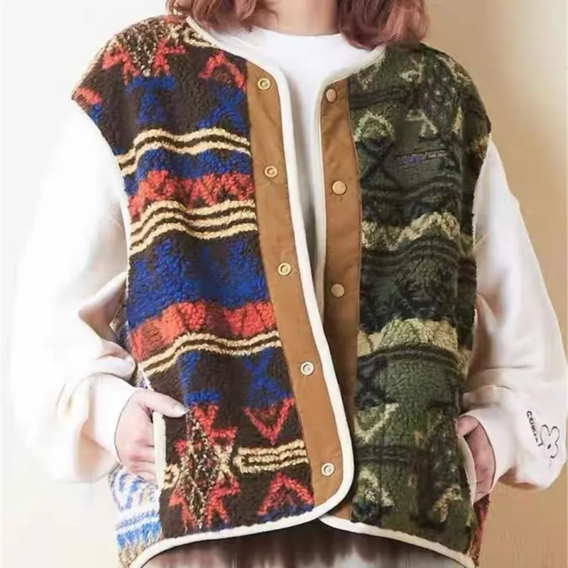 

Johnature повседневный жилет из овечьей шерсти в этническом стиле с цветными блоками, новая зимняя теплая куртка без рукавов для женщин