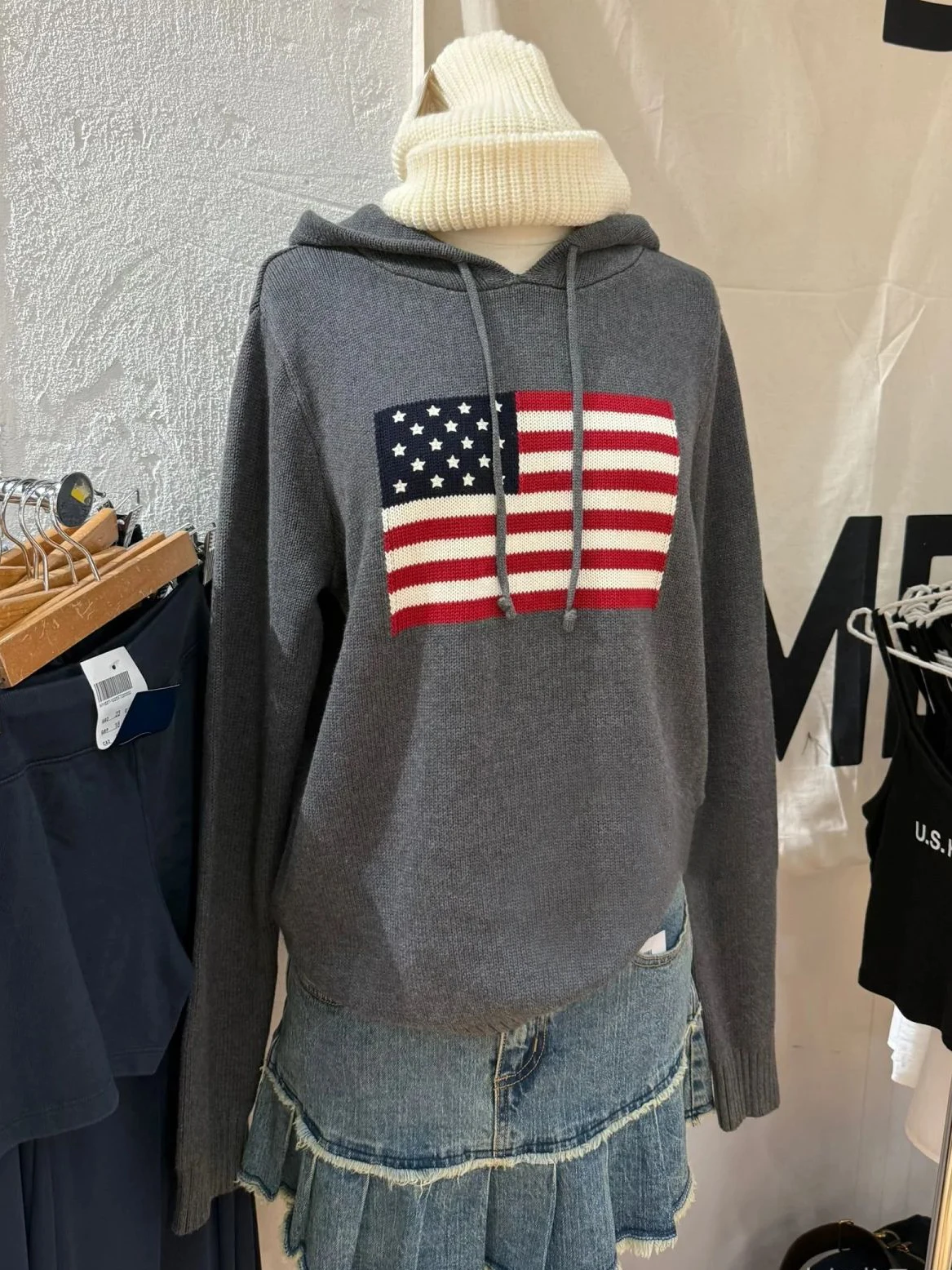 

Свитера с вышивкой флага, женский осенний вязаный пуловер с длинными рукавами и завязками, американский винтажный уличный хлопковый свитер с капюшоном